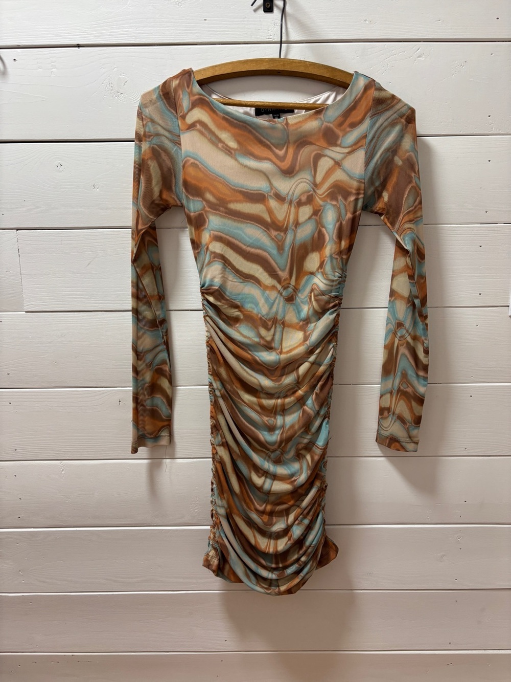 Dynamite Mesh Ruched Mini Dress – Abstract Marble Print – Brown & Blue – Size XS - Picture 7 of 11